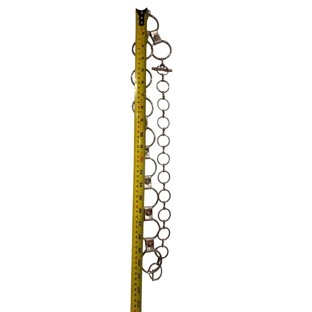 Silver Metal O-Ring Chain Belt Toggle Closure Y2K Punk Faux‎ Leather Detail 42in